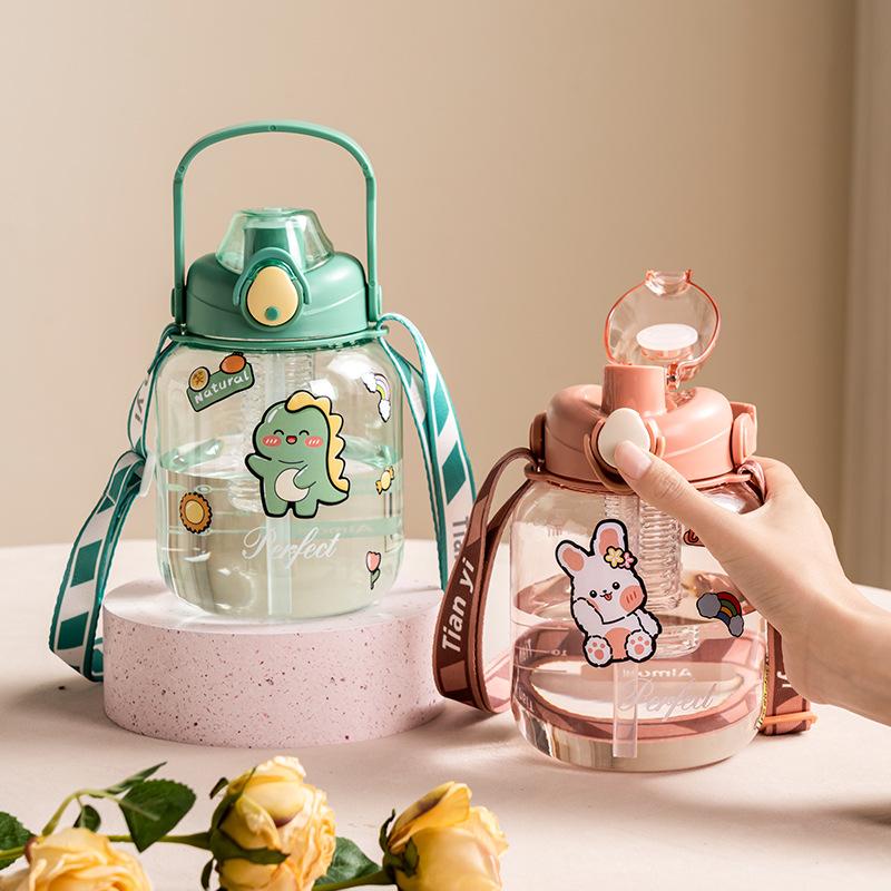 Water bottle portable strap plastic water cup high value cartoon large capacity big belly cup household portable straw cup