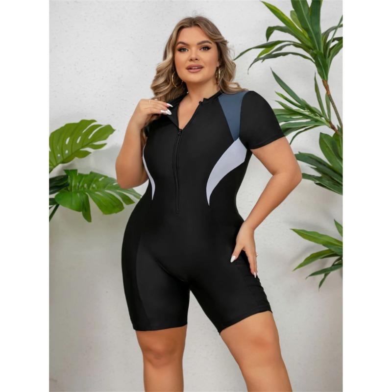 Fat Large Size One Piece Zippered Sports Swimsuit Women's Short Sleeved Surfing Suit Flat Angle Jellyfish Suit Snorkeling Suit