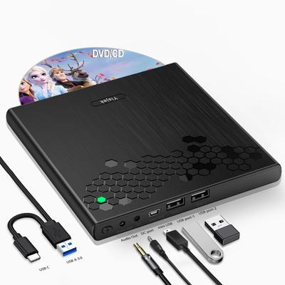Yisjek CD-DVD-Laufwerk, extern, USB-Typ-C-Laufwerk, tragbarer CD-DVD-Player mit Kabel, DVD-Laufwerk, extern, leise und leicht, High-Speed-Slim-CD-Laufwerk, DVD