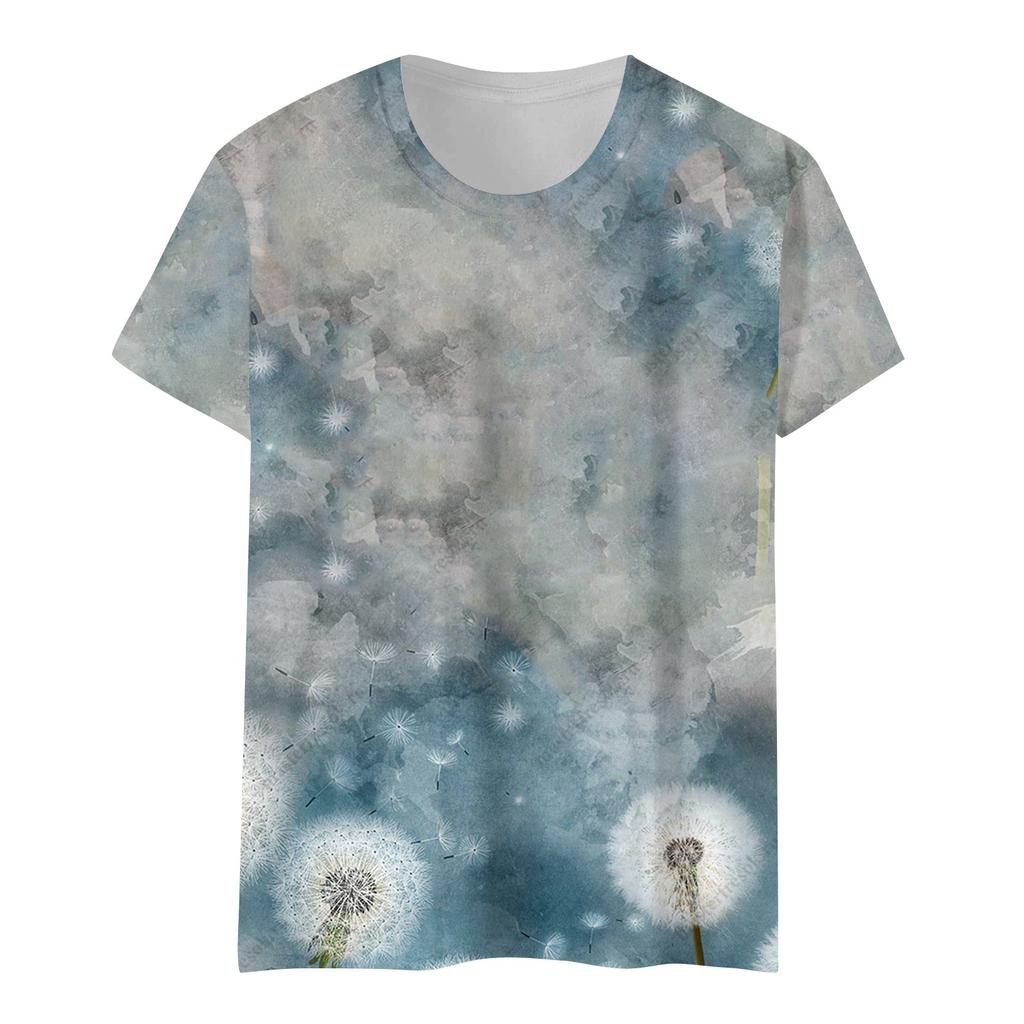 Women's Summer Flower Print Round Neck Short Sleeve T-shirt Top