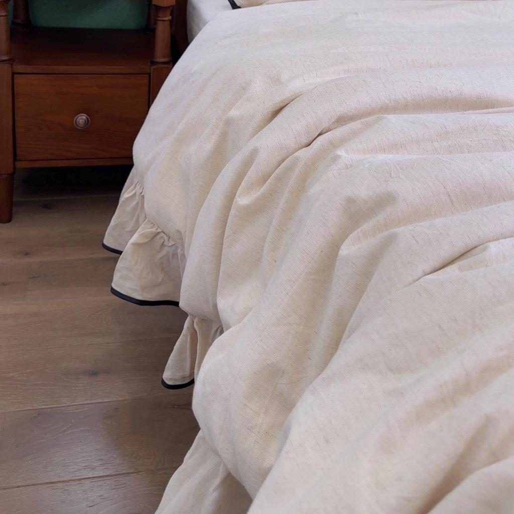 French Large Lace Cotton & Linen 4-Piece Set: Soft, Skin-Friendly Solid Color Bedding with Fitted Sheet