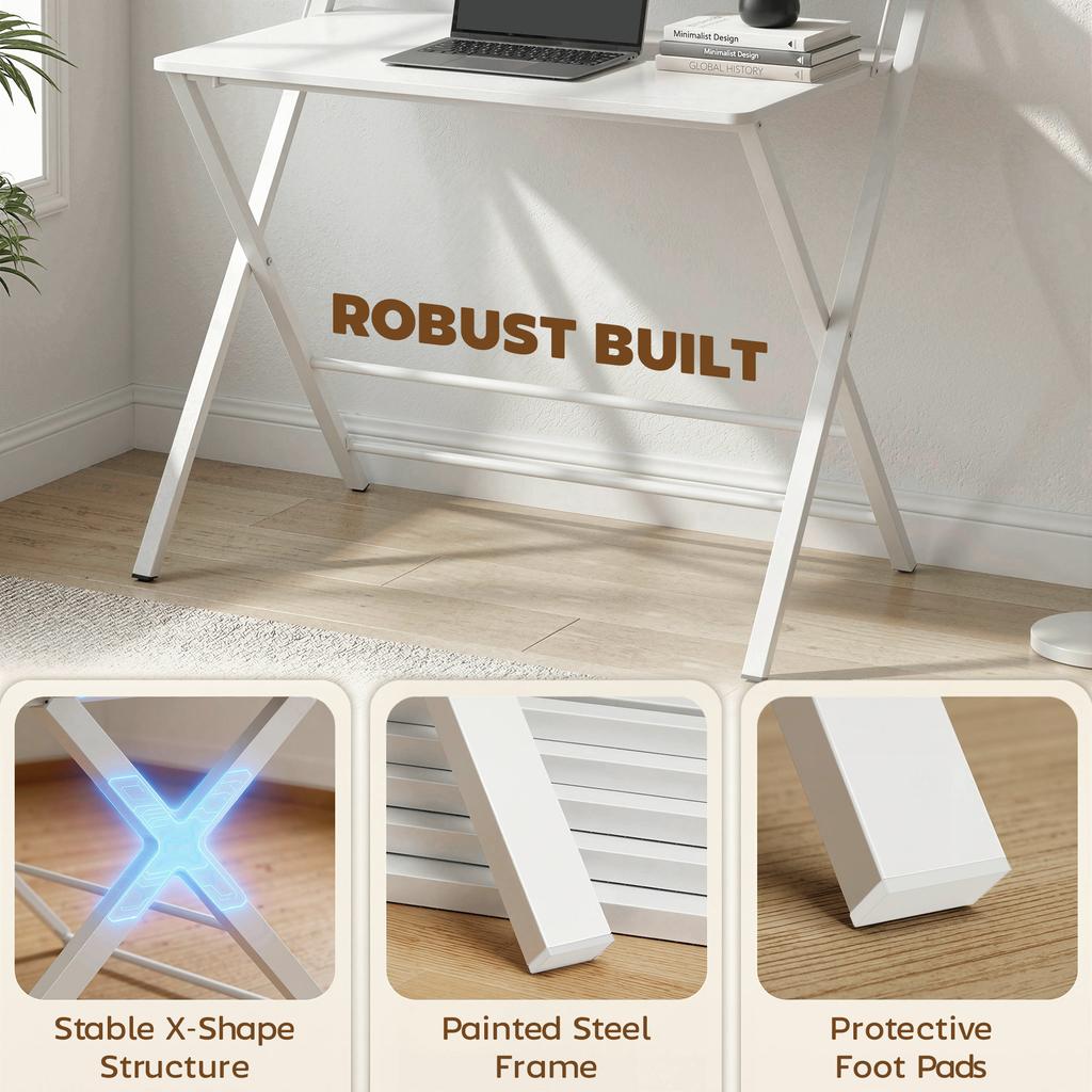 Compact Folding Desk for Small Spaces with Storage Shelf for Home Office, White
