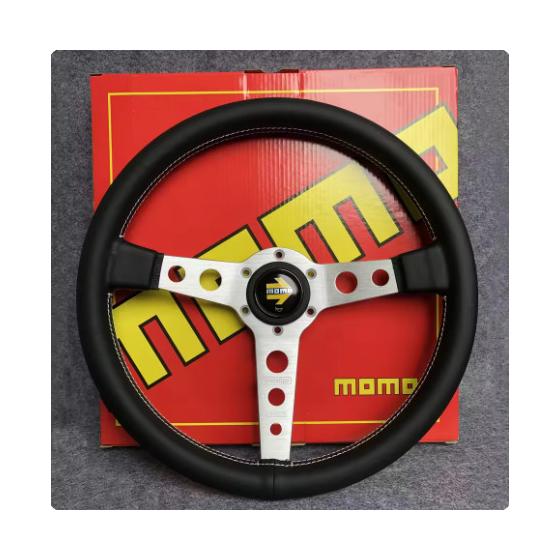 [Overseas Limited/New] MOMO Prototype Momo Steering 350mm/14 inch Black Leather Silver Spoke lot-39