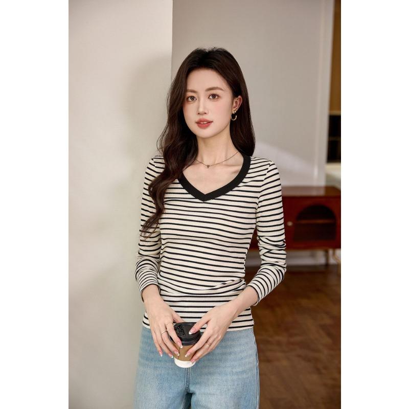 Women S V Neck Striped Long Sleeve Slim Fit T Shirt