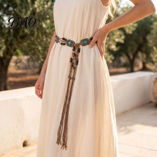 Braided Rope Waistband Bohemian Waist Belt for Women, Vintage Rhinestone Cord Ethnic Style Decor Chain, Adjustable Layered Belly Chain Dresses