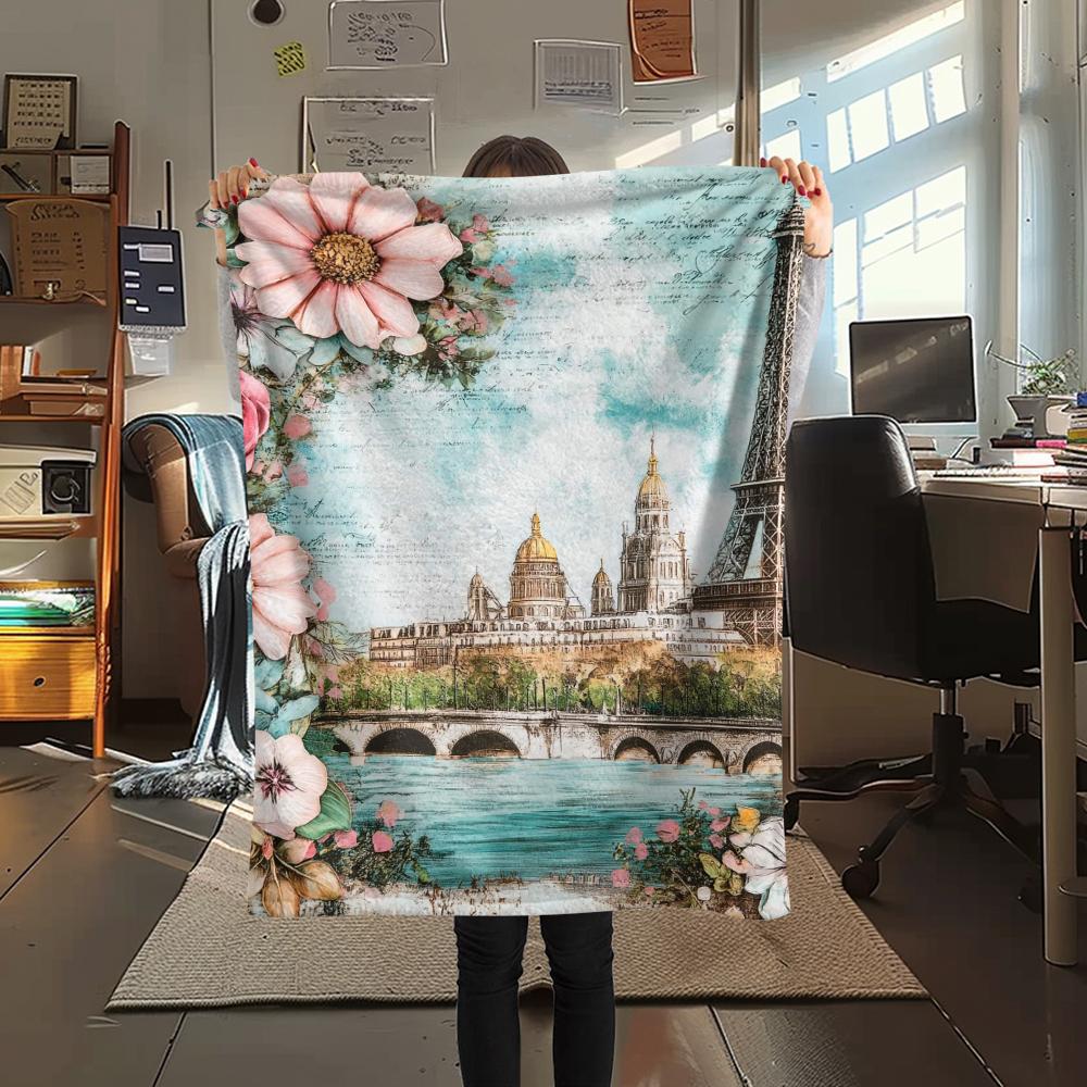 1Pc Eiffel Tower Art Print Flannel Blanket, High quality Comfortable for All Seasons, Home Decor, Warmth and Comfort, Perfect for Gifts