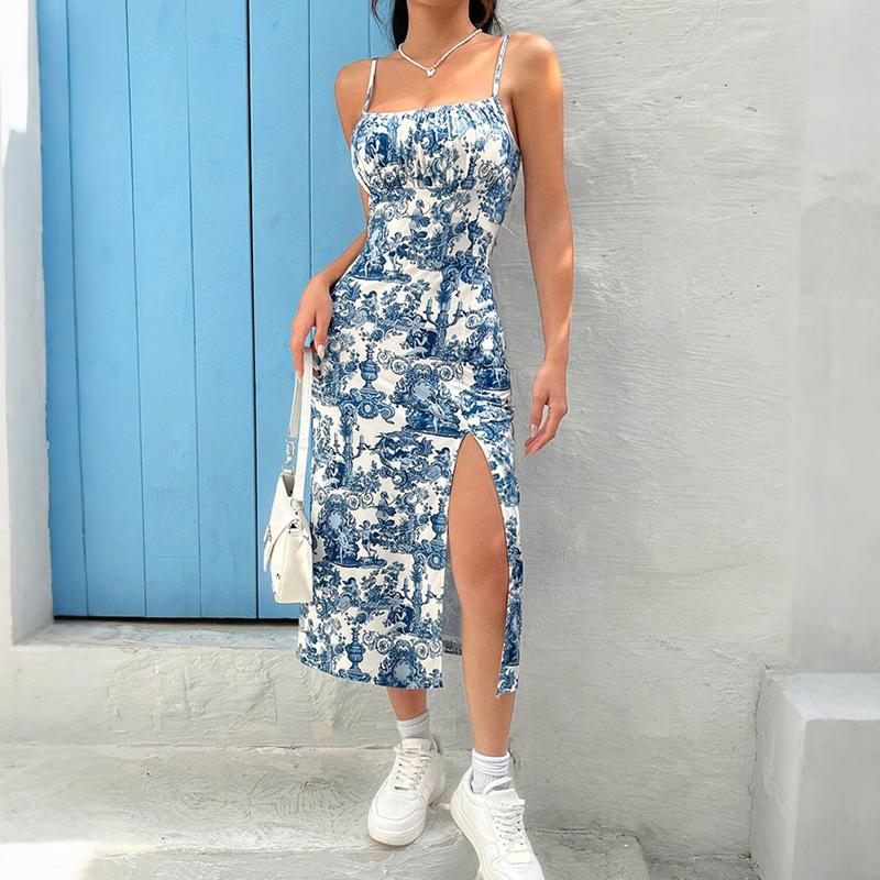 Women Summer Casual Holiday Sytap Sexy Flower Printed Split Package Hip One Piece Dress
