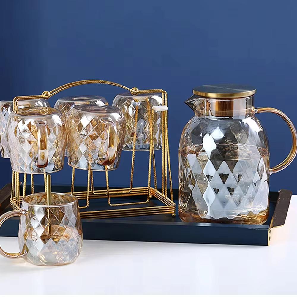 Amber Diamond Texture Glass Teapot and Cup Heat-Resistant Cold Water Jug Transparent Coffee Tea Mug Home Water Carafe Teapot