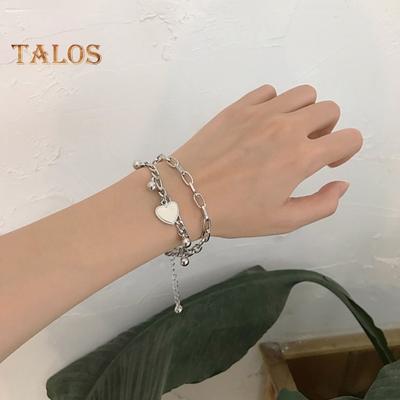 Bracciale da Donna Catena Vuota Ciondolo Cuore Doppio Strato Chiusura ad Artiglio Perline in Acciaio al Titanio Lunghezza Regolabile Gioiello da Polso Galvanizzato