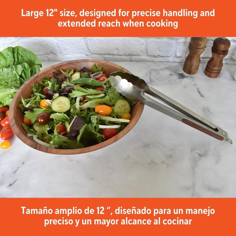 12in Stainless Steel Food Tongs with Wood Look Grip Locking Mechanism Ideal BBQ Grilling Salad Tossing Safe Cooking Tool