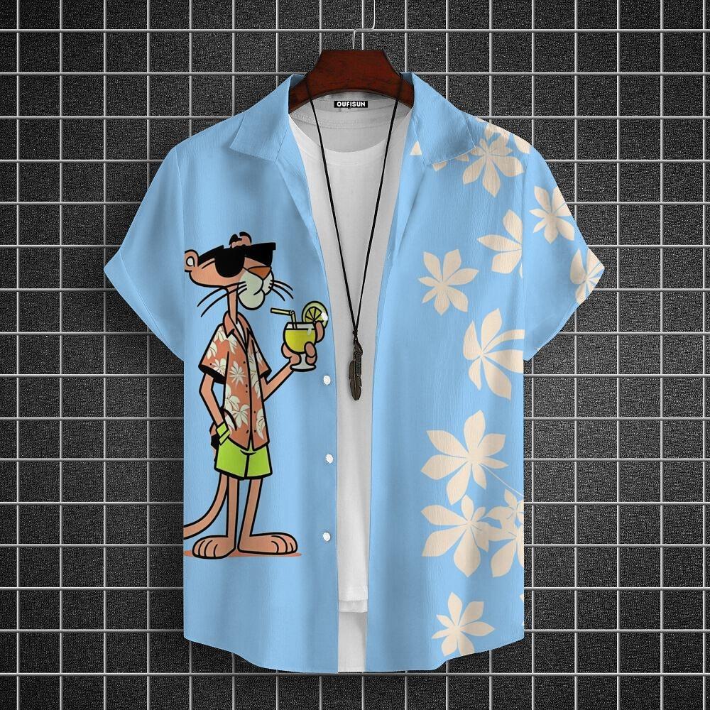 Cartoon Leopard Grafik Herren Kurzarm Hemd mit Kragen Oberteile Unisex Rosa Knopfleiste Hawaiian Hemden Sommer Täglich Damen Blusen