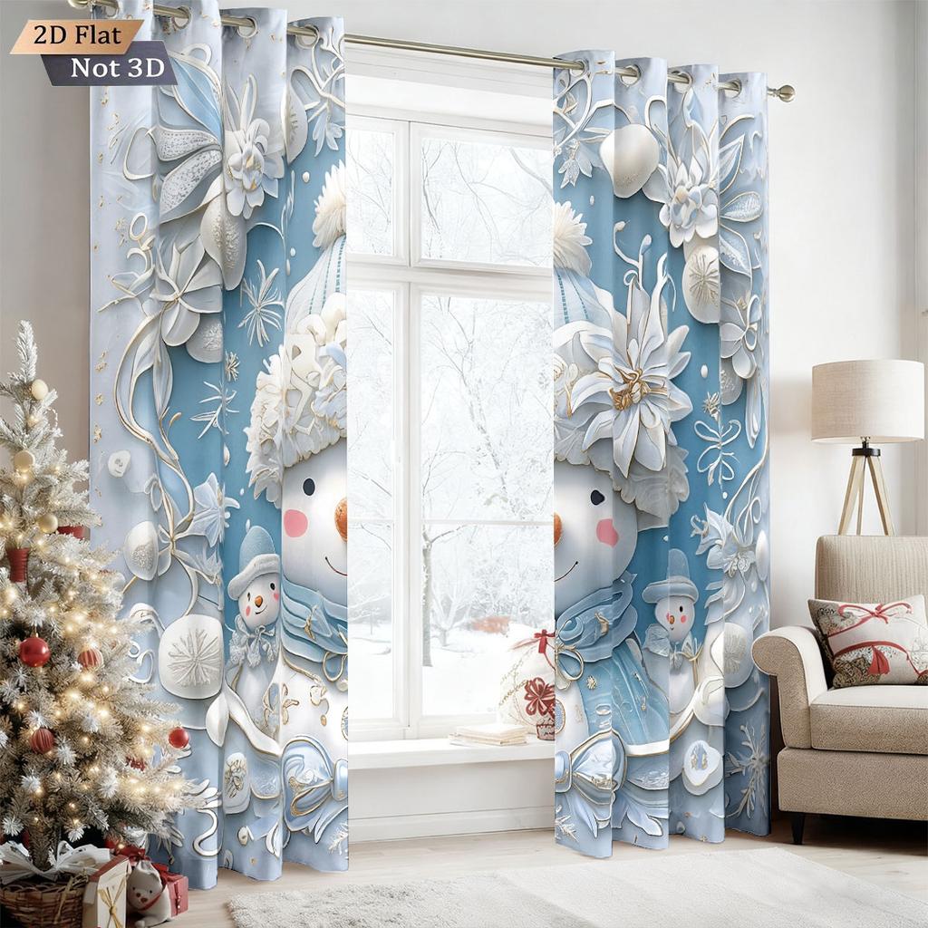 2Pcs Imitation Relief Christmas Snowman Print Blackout Curtain Multi Size Living Room Insulation Decoration Machine Washable