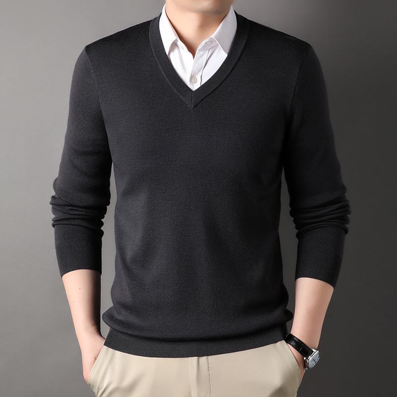 Men's V-Neck Solid Color Sweater - 100% Fine Wool, Thickened for Autumn/Winter, Long Sleeve Knitwear