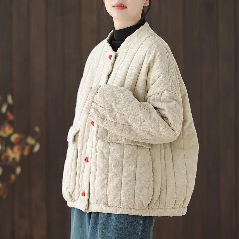 Cotton and Linen Women's Quilted Jacket Spring Autumn Retro Chinese Style Short Thick Casual Padded Coat Top