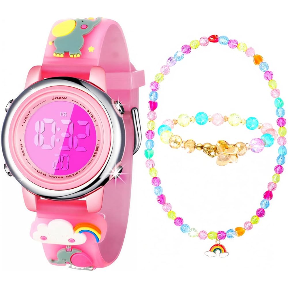 

Rainbow Elephant Digital Watch for Girls with 7 Color LED, Waterproof, Stopwatch, Alarm, Jewelry Set with Necklace and Bracelet