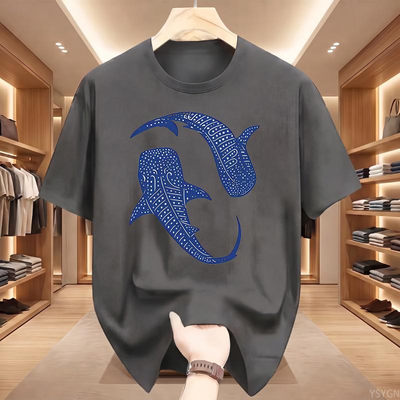 Men'S Print T-Shirt  Double Whale Totem Print Blue And White Contrast Design Casual Breathable