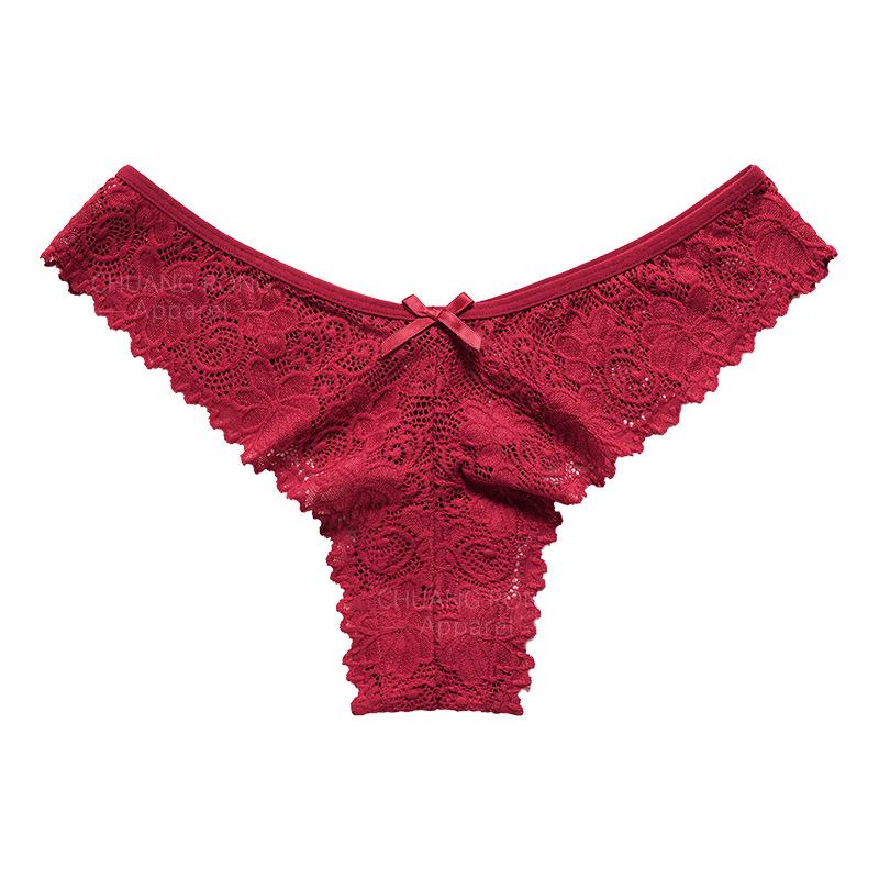 

European and American sexy underwear women s black lace seamless low-rise thong pure cotton crotch comfortable and breathable T-pants XL вина червоного кольору