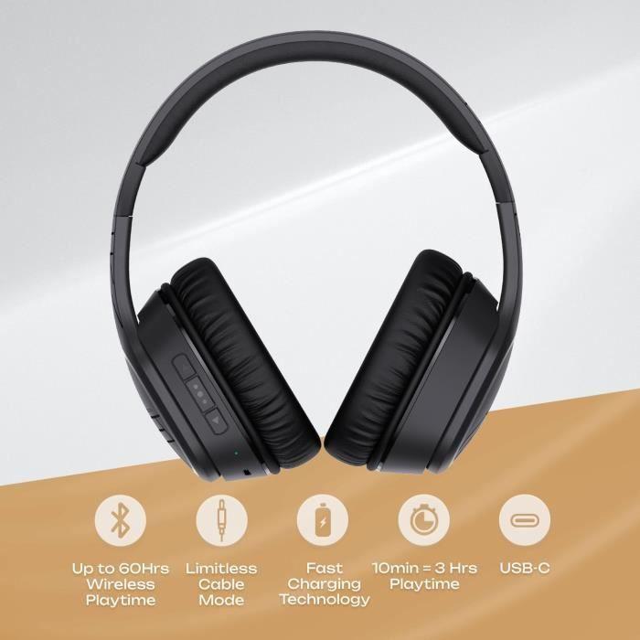 Casque Bluetooth - POWERLOCUS - Modèle Pliable - 60h Autonomie - Son Hi-Fi - Micro Intégré