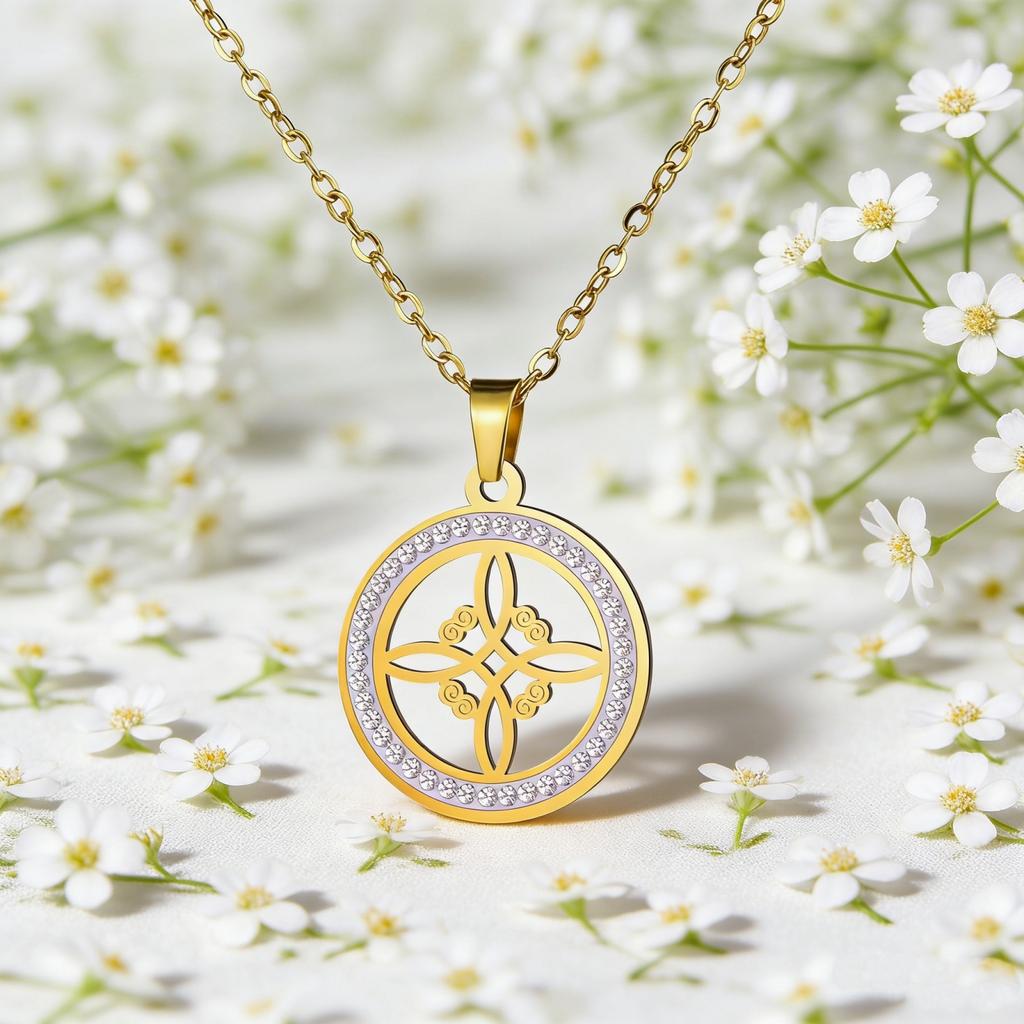 Fashion Witch Knot Necklace Celtic Irish Round Pendant Necklace with Rhinestones Women's Clavicle Chain Lucky Jewelry Party Gift