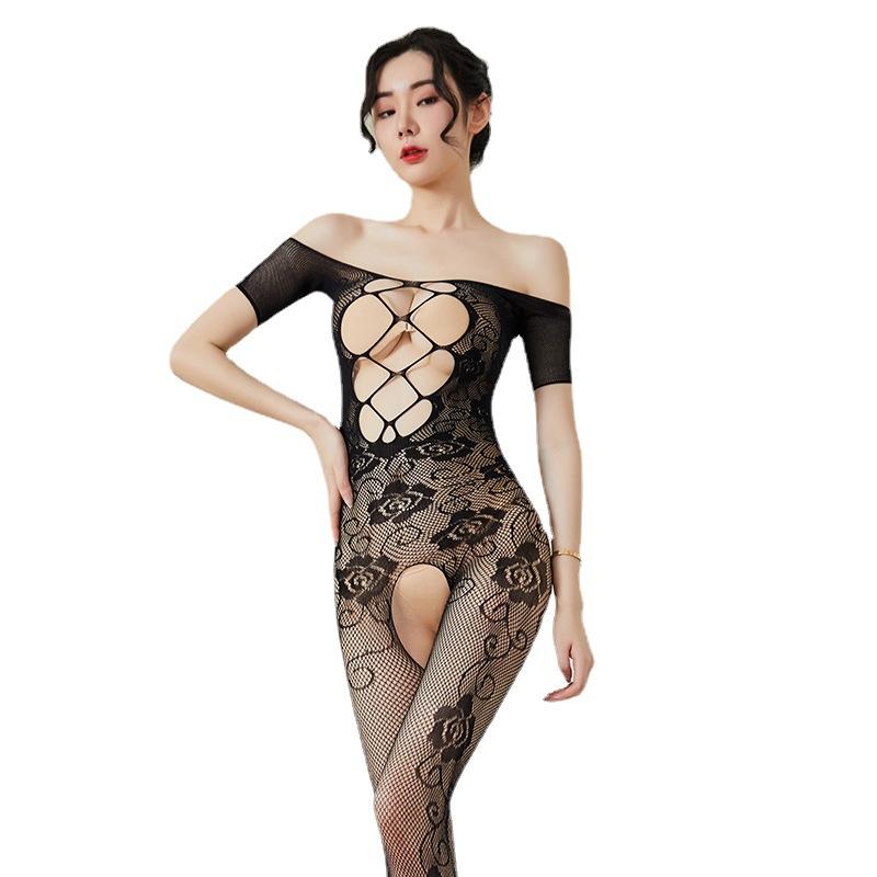 Sexy lingerie mesh sexy onesie pajamas rose jacquard elastane open short sleeve halter tights