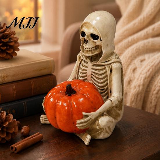 Grim Reaper Figurine Skeleton Holding Pumpkin Figurine, Resin Statue, Halloween Dark Decor Spooky Shelf Table Ornament, Trick or Treat Gift Desktop