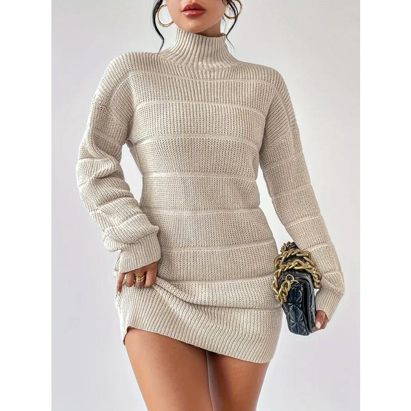 

осень зима повседневное свободное мини-платье мода длинный рукав эластичность свитер платья водолазка однотонное облегающее вязаное платье S