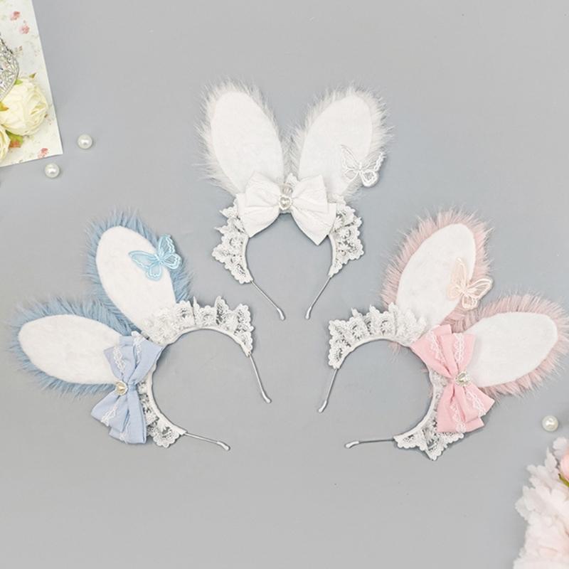 Plush Sweet Rabbit Ears Headband With Elegant Lace And Bowknot Detachable For Cosplay Party And Daily Wear