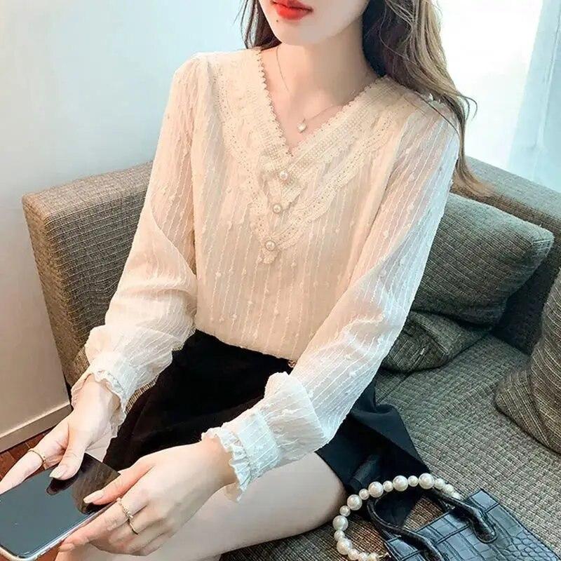 V-neck Lace Chiffon Top Spring Autumn New Loose Women's Clothing Solid Color Long Sleeve Bottoming Shirt