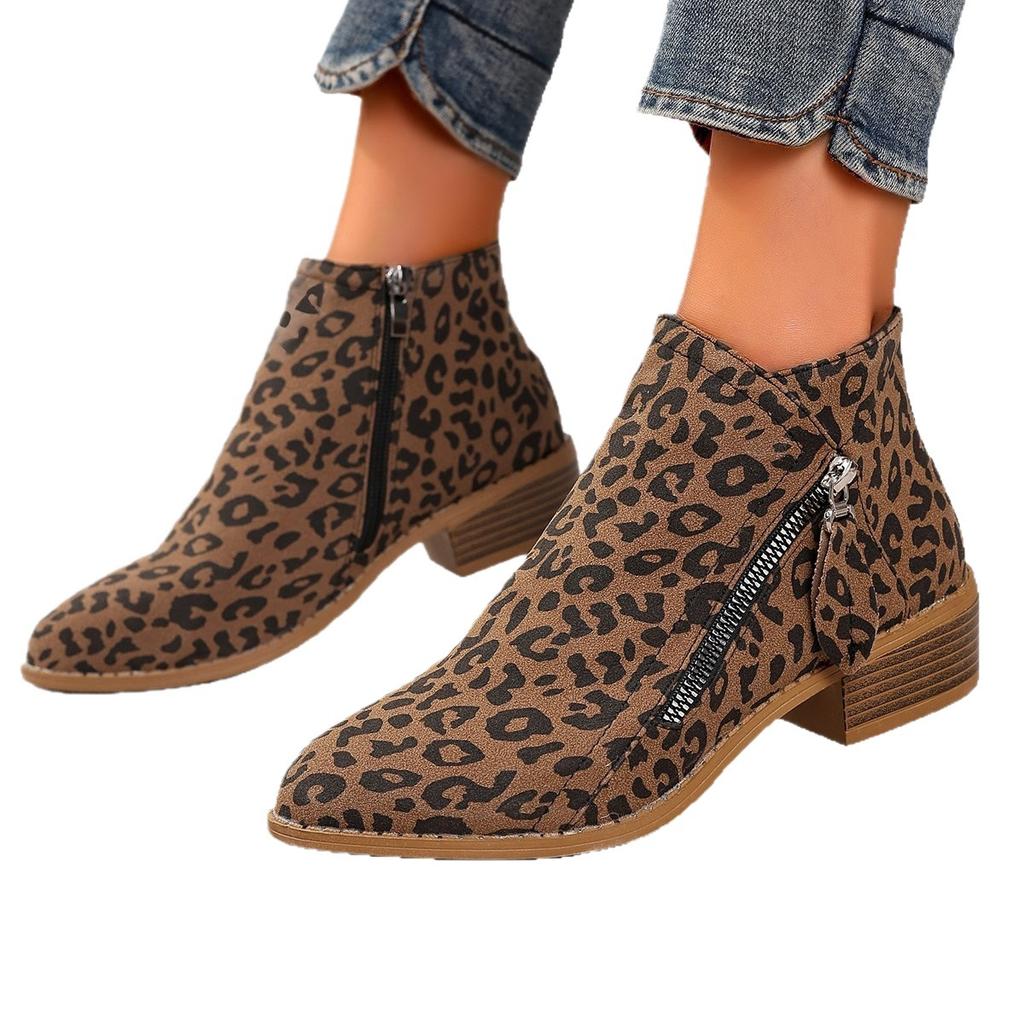 Large size leopard print pointed Chelsea boots autumn new suede thick heel side zipper fashion versatile short boots