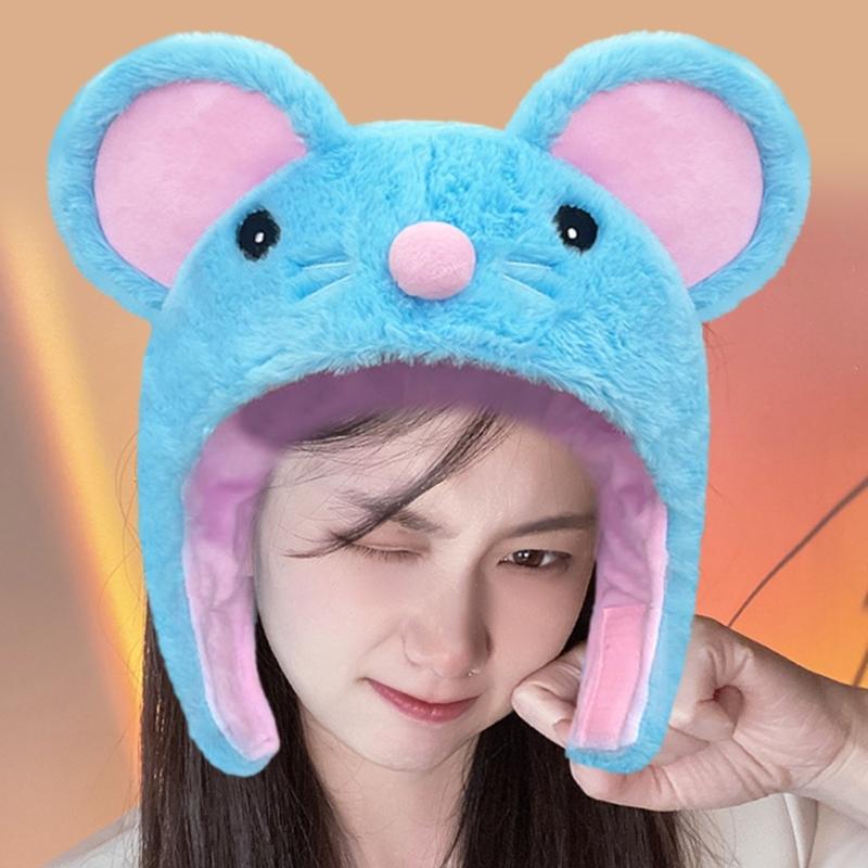 Cartoon Blue Mouse Hat Adjustable Warm Hat Unisex Fashion Cold Weather Hat for Various Ages