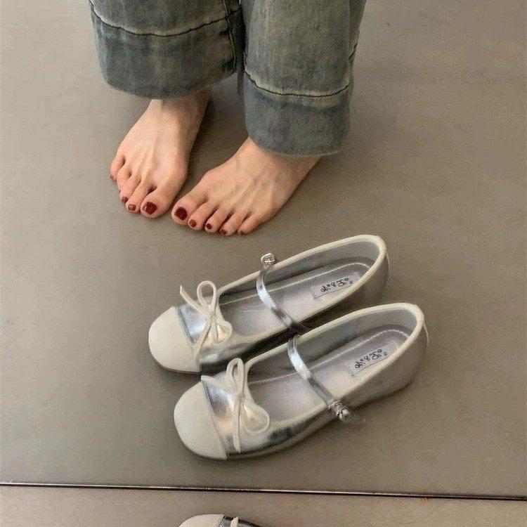 French bow small leather shoes early spring women s shallow mouth flat shoes fairy shoes gentle single shoes inner height increase ballet shoes 35 4959₽
