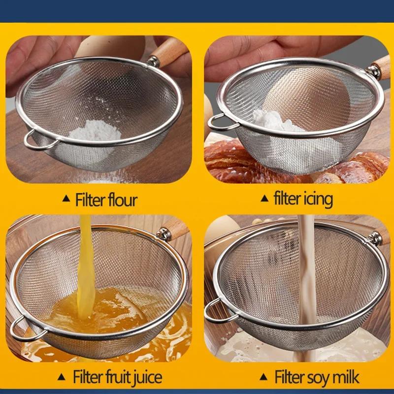 Colador pequeño de acero inoxidable con mango de madera, colador de aceite de malla fina, filtro multifunción, tamiz de harina, herramientas de cocina para hornear