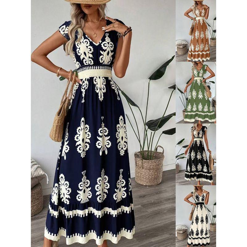 Fashion Style Summer New Arrival Fashion Printed V-neck High Waist Slimming Large Hem Dress Women's Vacation Style Beach Dress
