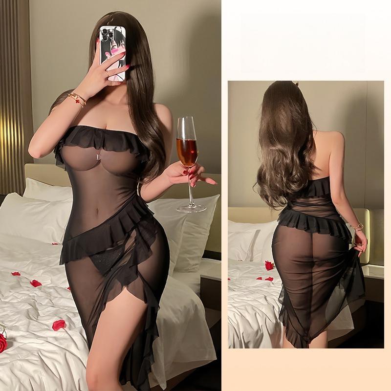 Sexy Solid Color Mesh Cami Nightgown Off-Shoulder Rolled Edge Diagonal High Slit Loungewear 692 Bold Chic Sleepwear with a Flattering
