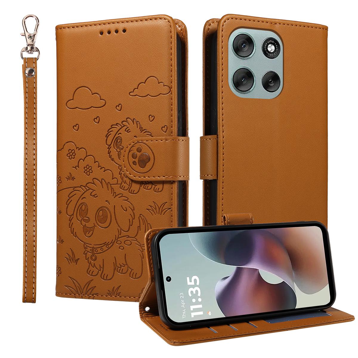 

For Motorola Moto G66j 5G/G66y 5G/G56 5G Case RFID Blocking Imprint Dog Pattern PU Leather Phone Cover with Wrist Strap