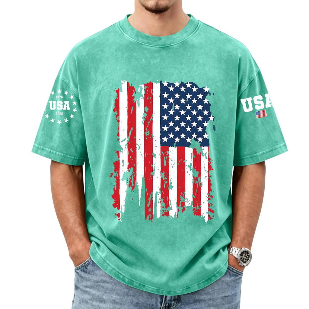 Men's Loose And Casual Flag-print T-shirt, Short Sleeve Shirt