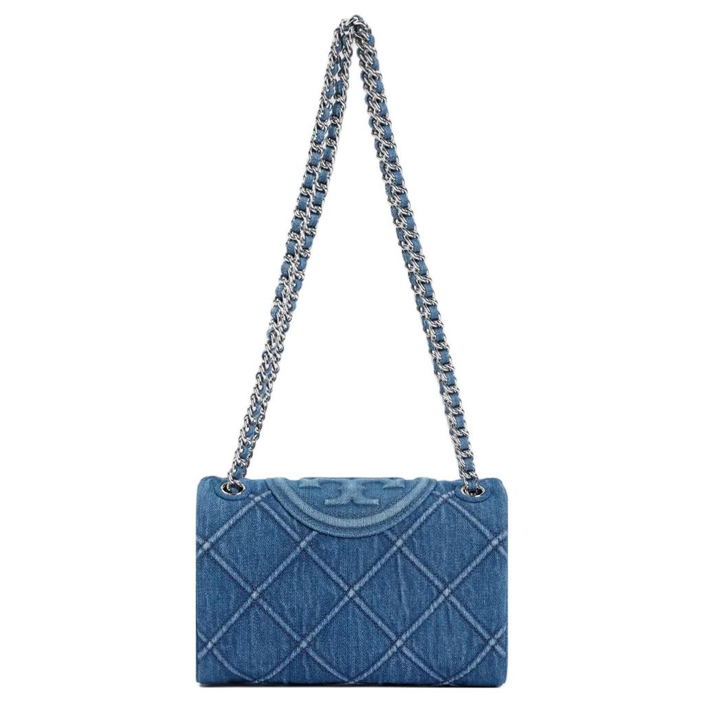 Tory Burch Fleming Diamond Pleated Embossed Double T Logo Fabric Crossbody Shoulder Bag Small Women Bags Denim-Blue 154739-426
