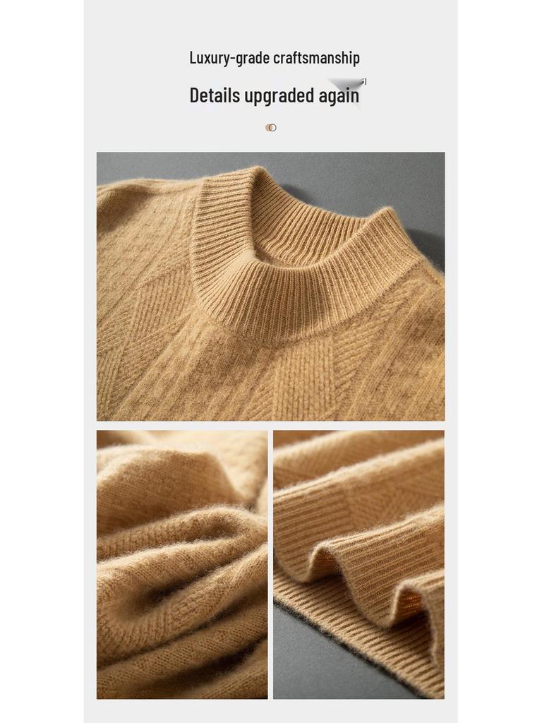 Men's Thickened Cashmere Sweater - Half High Neck Wicker Cable Knit