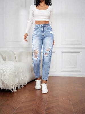 Euro-American Women's Slim-Fit Ripped Jeans, Casual Tapered Mom Jeans