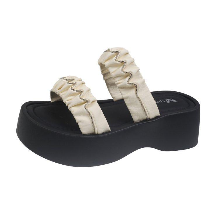 

[Youshilai] Outer slippers 2025 summer new flat-bottomed pleated one-word drag thick-bottomed casual sandals 40