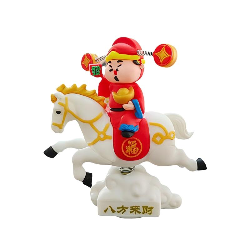 Lucky God of Wealth On Horse Statue Swaying Spring Motion Ornament For Desktop Decors And Vehicle Interior Enhancement