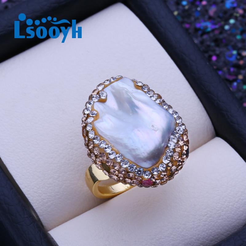 

LSOOYH натуральный пресноводный большой барочный жемчуг кольца для женщин классическое золотое обручальное кольцо подарки на день рождения adjustable золотой