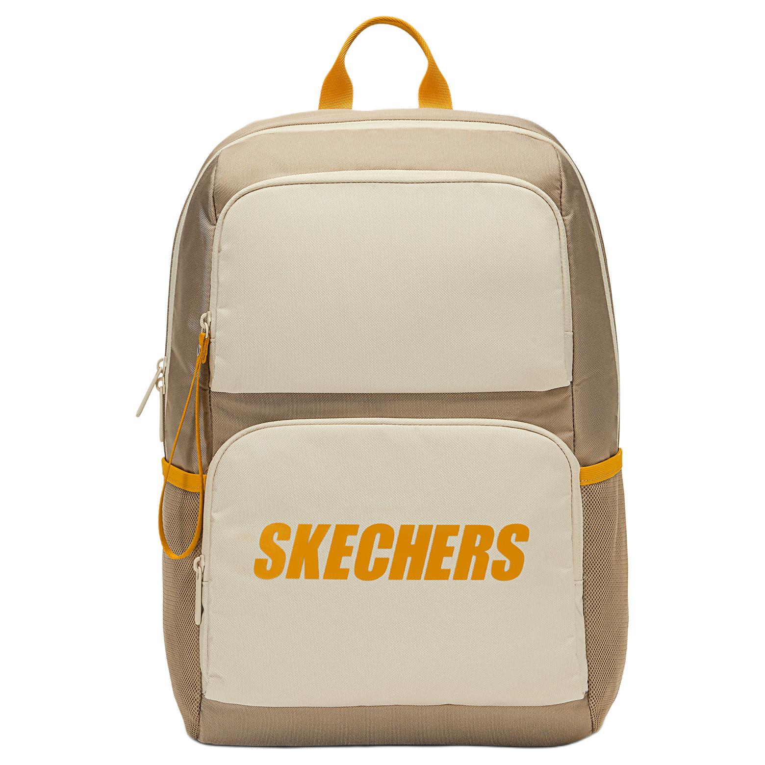 Skechers Color Block Design Logo Print Backpack Unisex Backpack Shell-White Coffee-Brown L320U196-06WW Nut Shell Beige & Coffee Brown