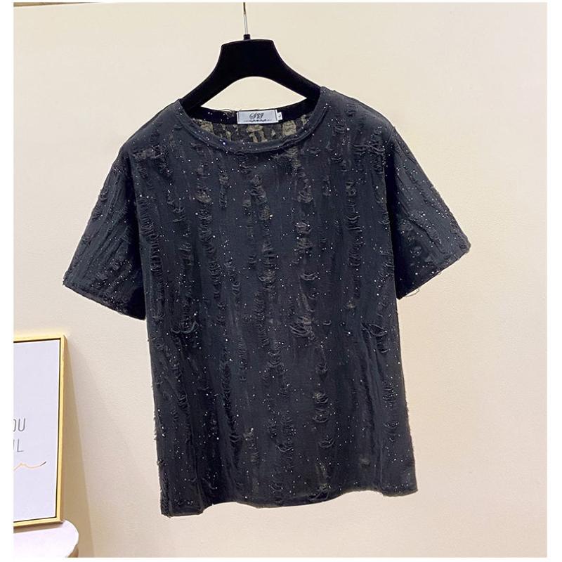 Large Size Women's Summer New Style Loose Slim Sequins Ripped Loose Short-sleeved T-shirt Fat Mm Half-sleeved Front Shoulder Top