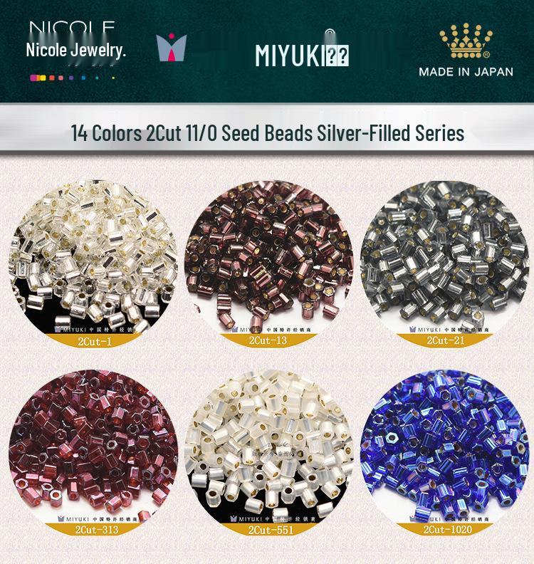 Perline Seed MIYUKI Taglio 2 Facettate 11/0, 14 Colori Placcati Argento, Confezione da 10g.