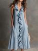 Spot women's clothing spring and summer new solid color sleeveless cotton and linen V-neck large pendulum ruffle edge dress