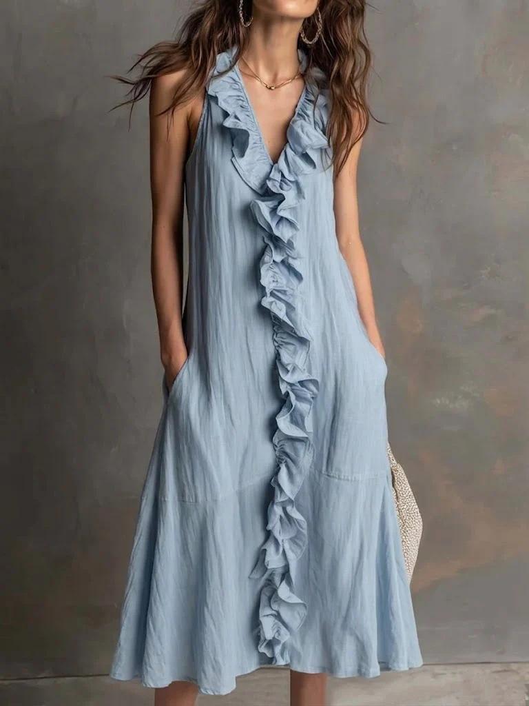 Spot women's clothing spring and summer new solid color sleeveless cotton and linen V-neck large pendulum ruffle edge dress