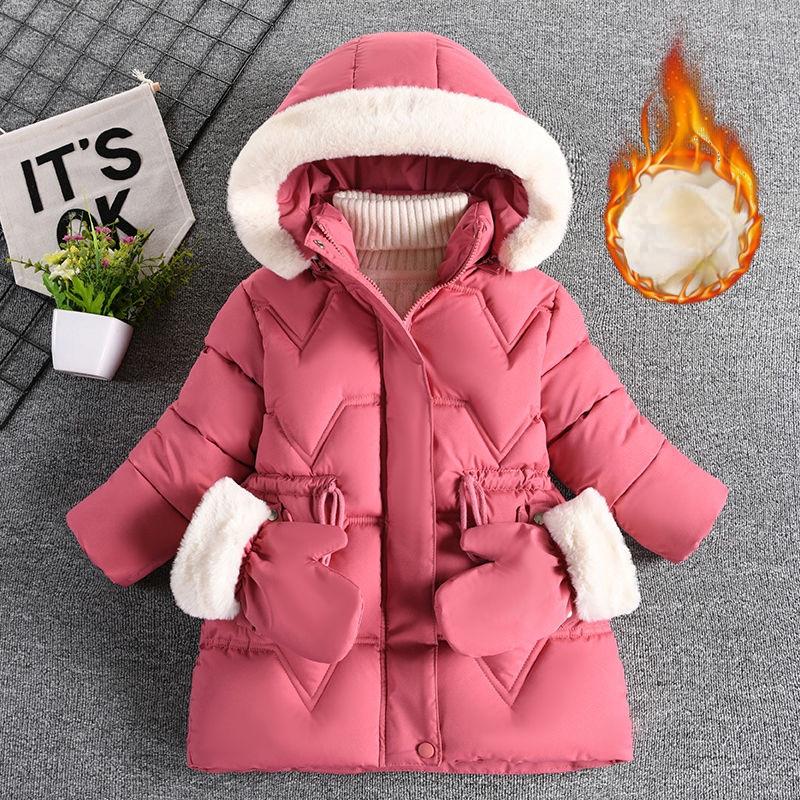 

Детская хлопковая одежда, утепленное пальто с бархатной подкладкой средней длины для девочек, детское женское модное хлопковое пальто с сокровищами 110cm розовый