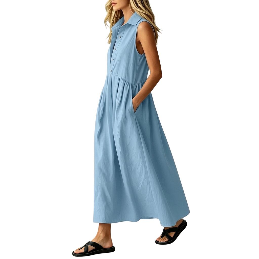 Women Sleeveless Collared Button Down Loose Fit Long Dress Casual Solid Shirt Dress with Pockets for Everyday Wear