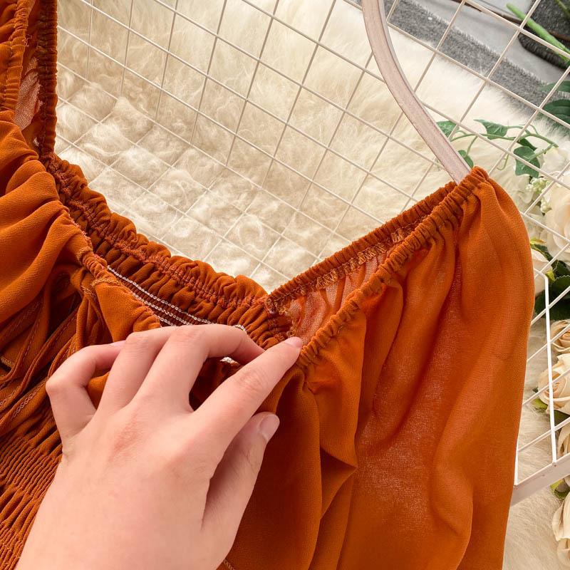 Chic Gentle Wind Dress Autumn Women's French Vintage Square Neck Magenta Bubble Sleeve Dress